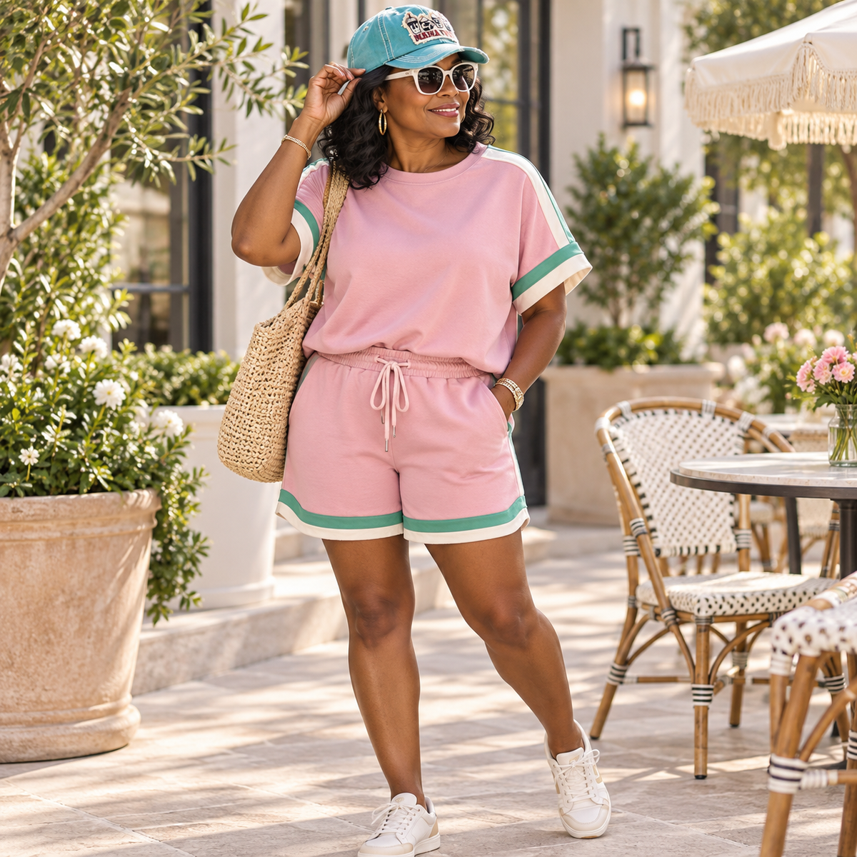 Pink Contrast Trim Lounge Set | Women’s Casual Two-Piece Shorts Set