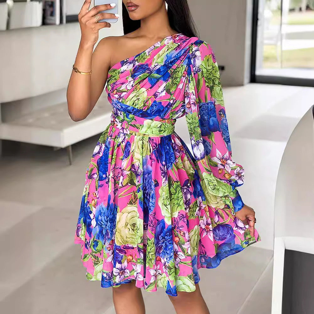 One shoulder Floral Dress - Pink/Blue