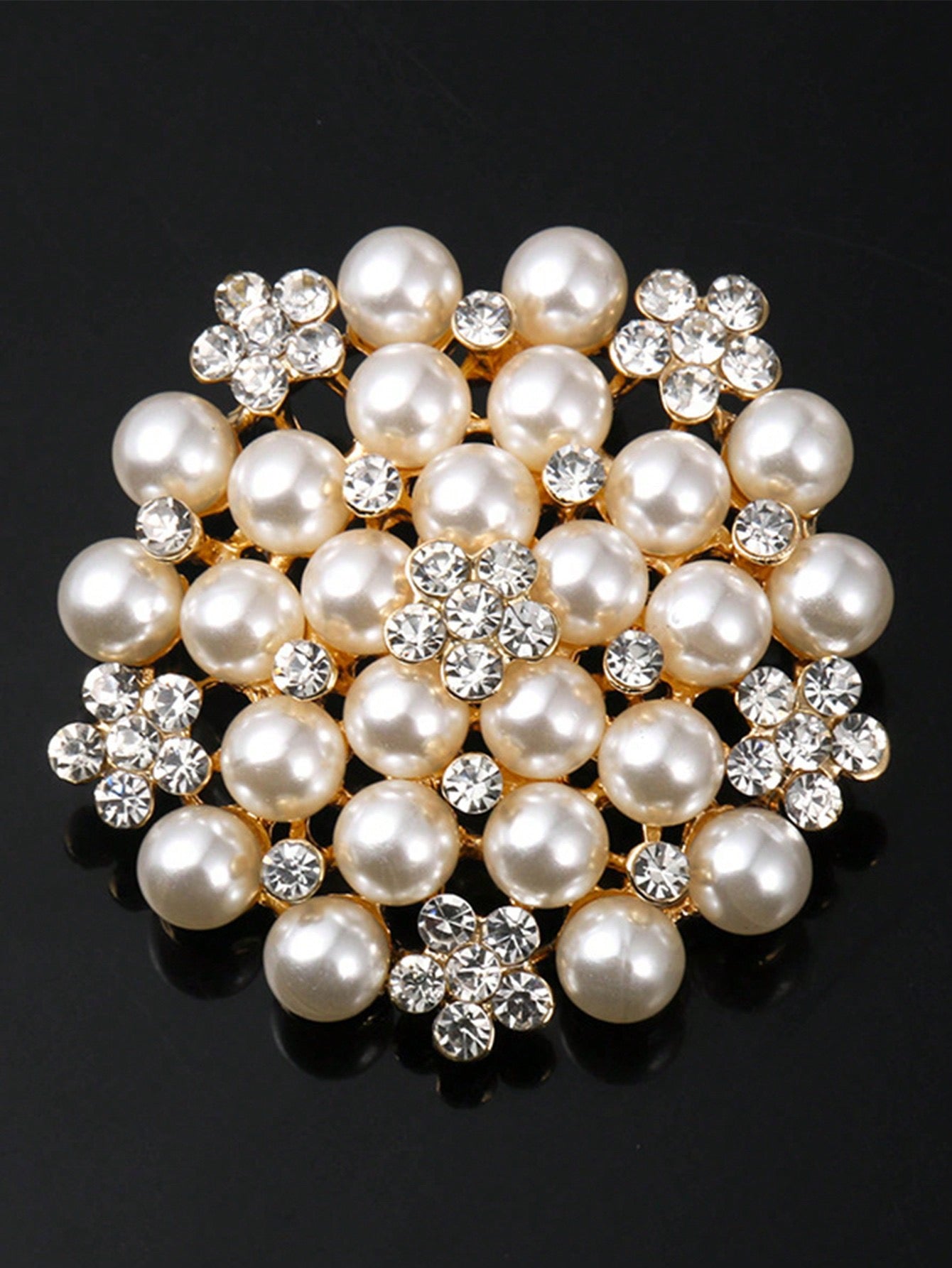 Rhinestone Pearl Cluster Brooch - Gold