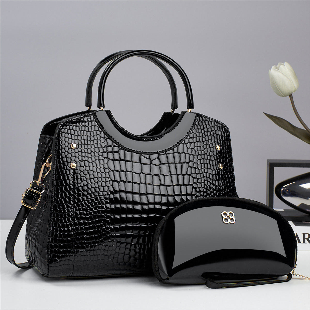 Two-Piece Croc Embossed Handbag & Pouch Set Black