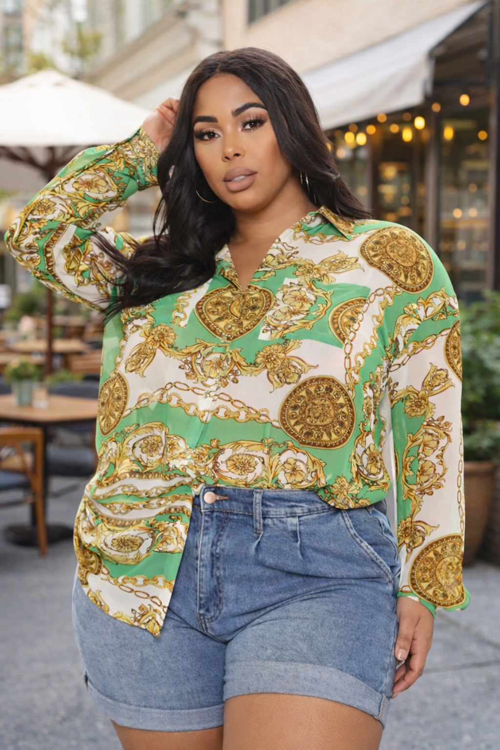 Emerald & Gold Baroque Print Blouse – Elegant Long Sleeve Statement Top for Women