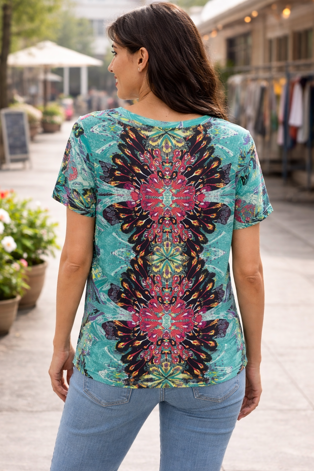 Teal Boho Print Short Sleeve Top for Women | Lightweight Blouse