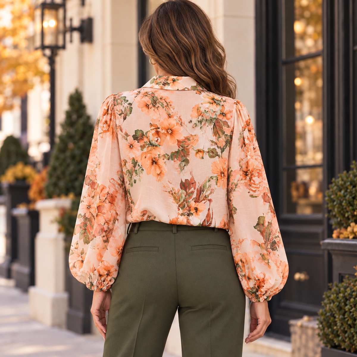 Floral Puff Button-Down Long Sleeve Blouse