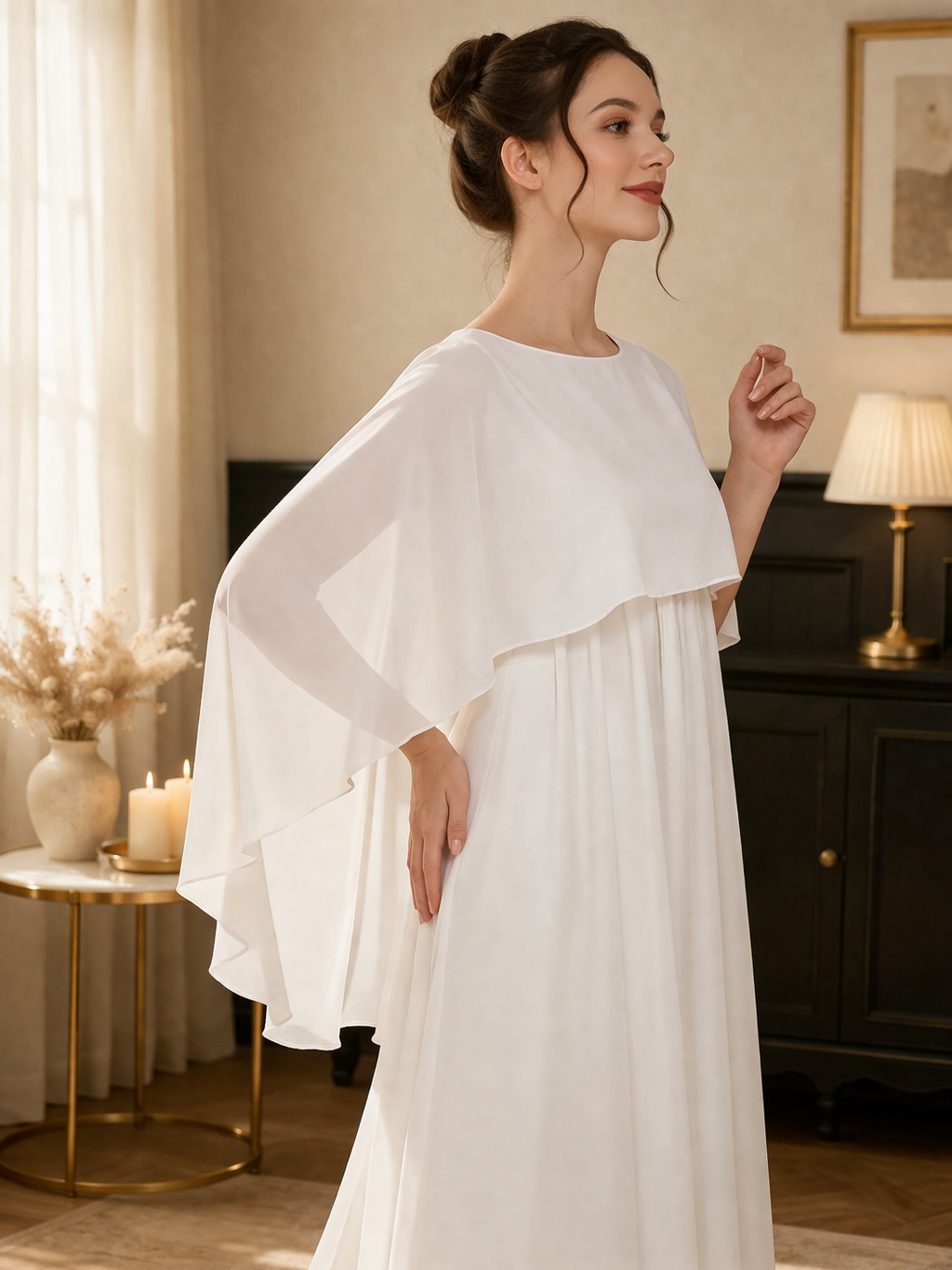 Elegant Sheer Chiffon Cape Shawl – Flowing Lightweight Shoulder Shawl - White