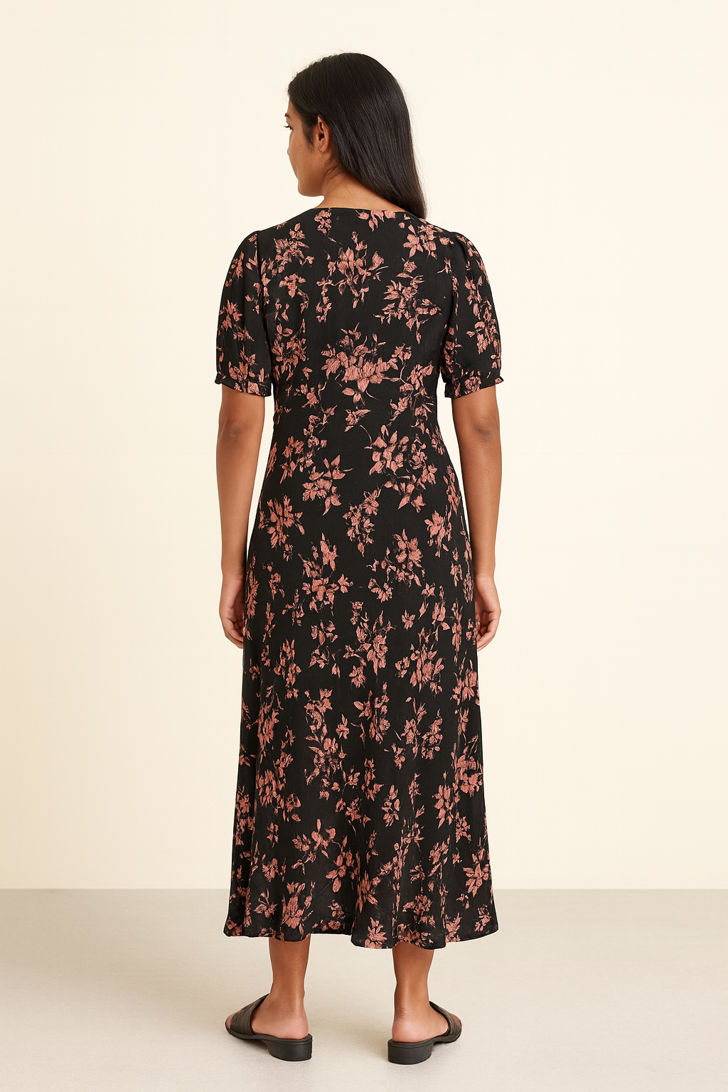 Floral V Maxi Dress – Black with Rust Blooms