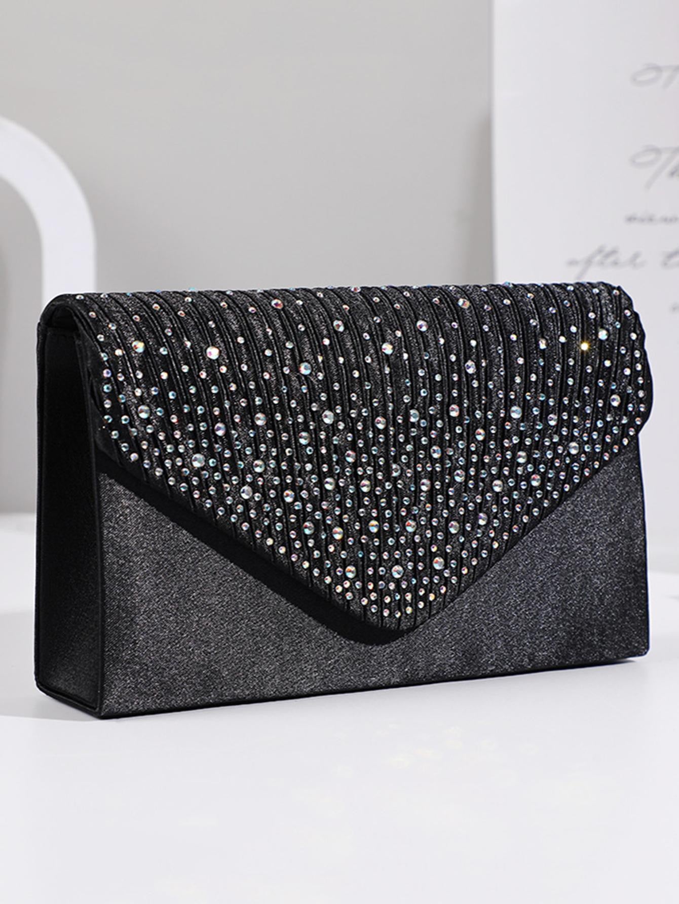 Rhinestone Flap Clutch - Black