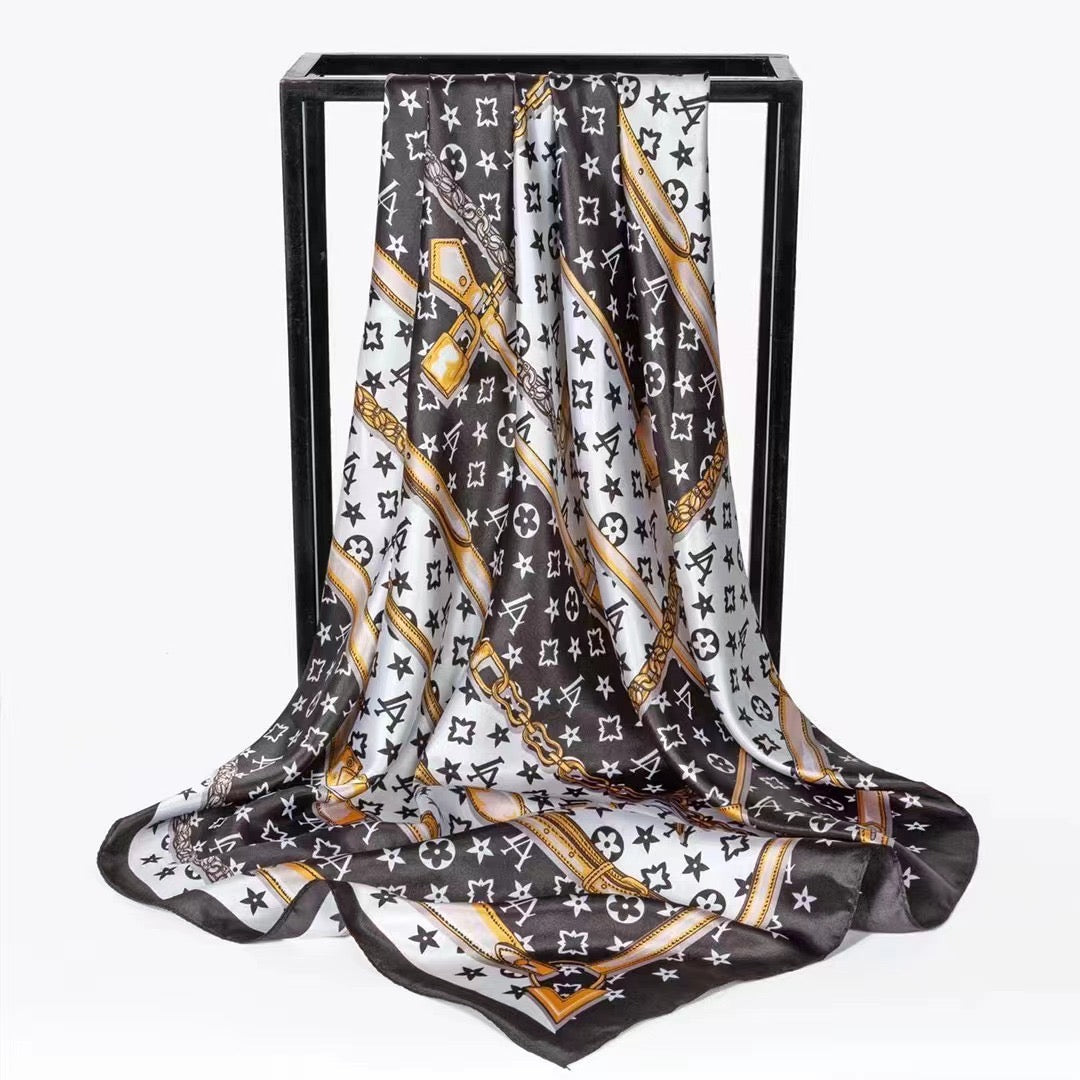 Designer Inspired Print Silk Scarf - Black White Gold