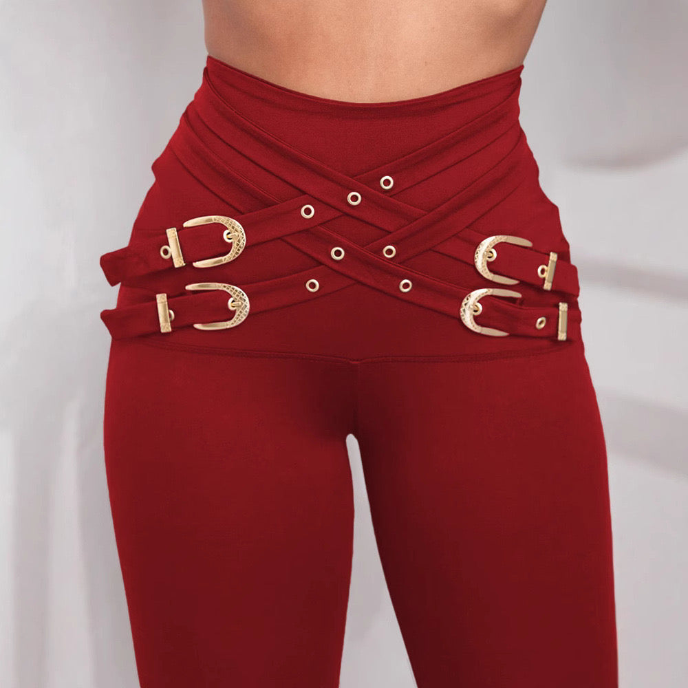 Criss-Cross Buckle Pants - Red