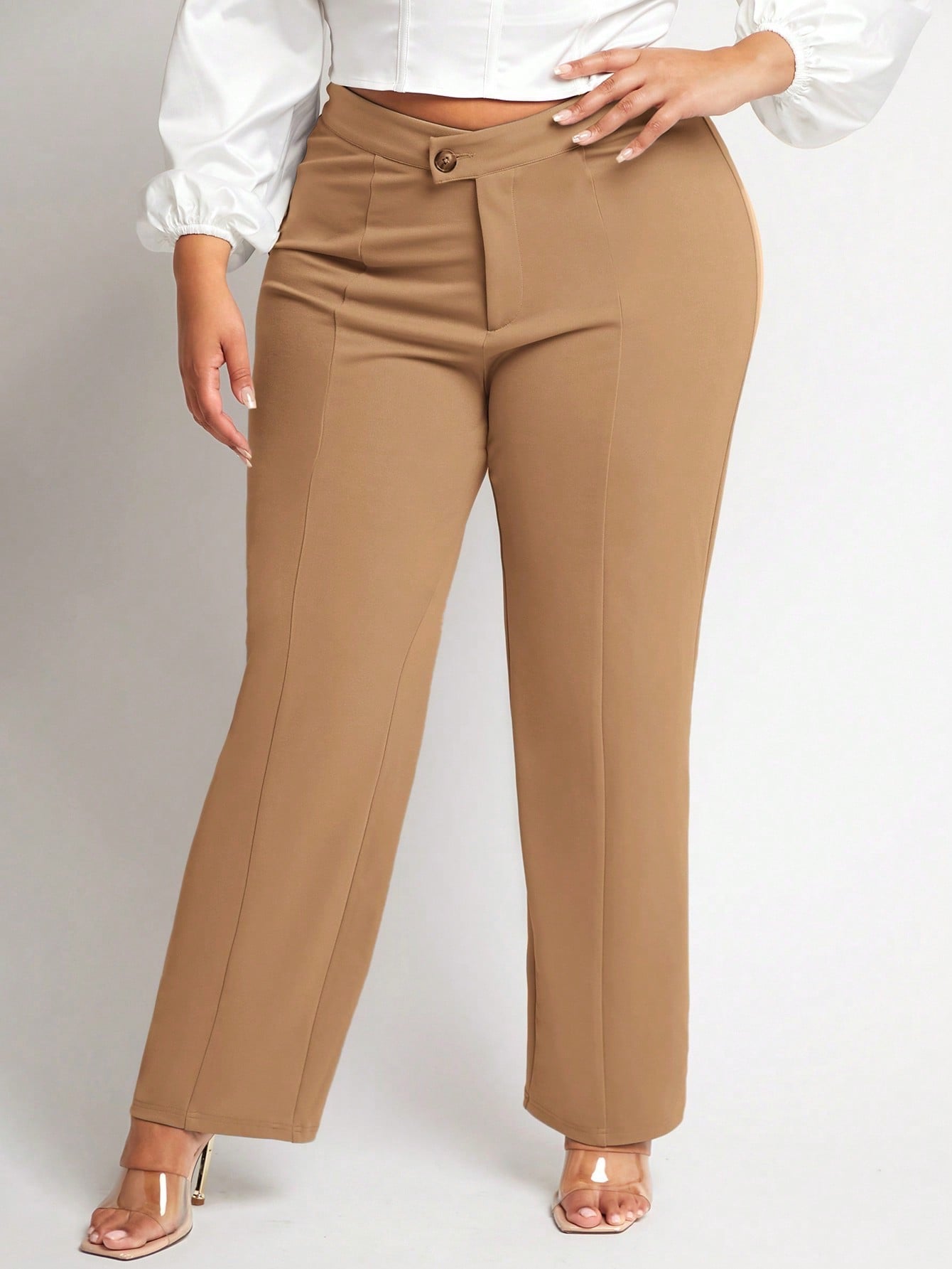 Front Button Zip Pants -Camel
