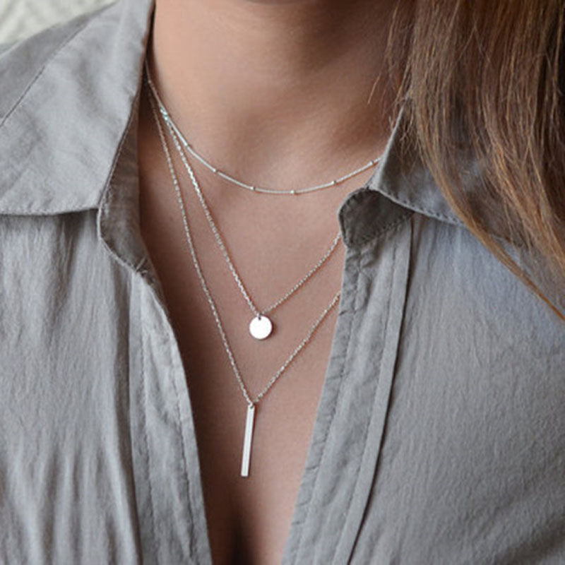 Double Layer Bar Chain Necklace- Silver