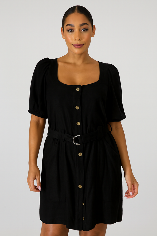 Classic Black Belted Button-Down Dress – Timeless Chic for Every Occasion