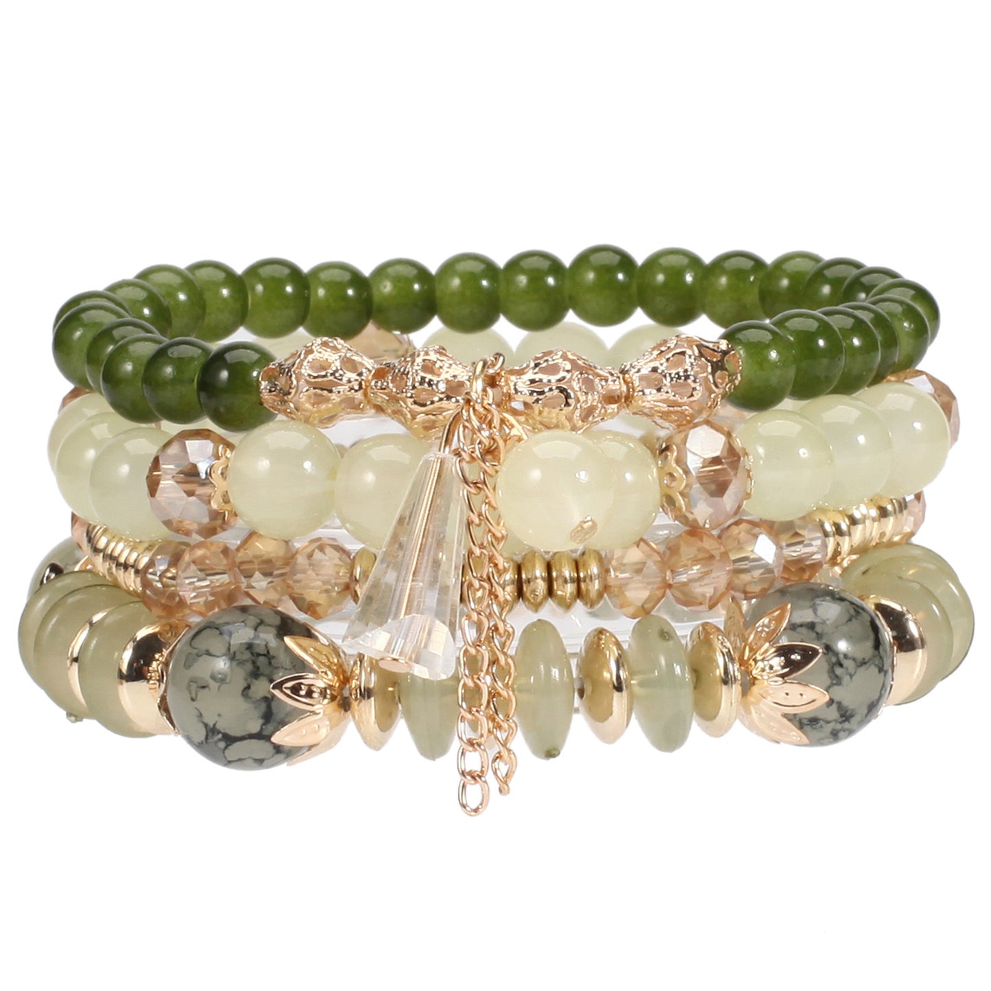 Elegant Green & Gold Beaded Stretch Bracelet Set – Layered Crystal & Gemstone Accents
