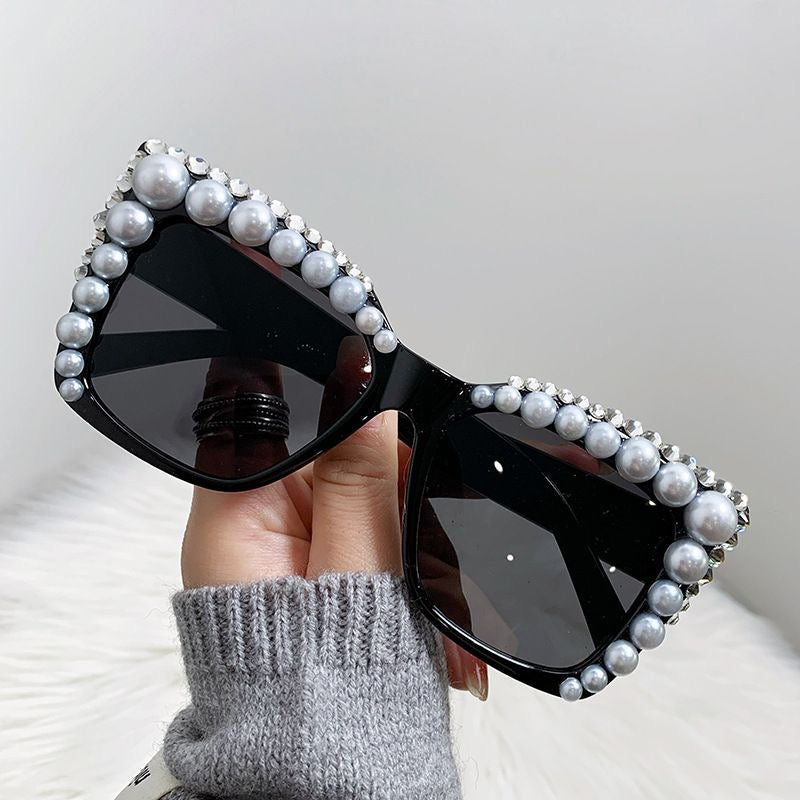 Wide Frame Pearl Sunglasses - Black