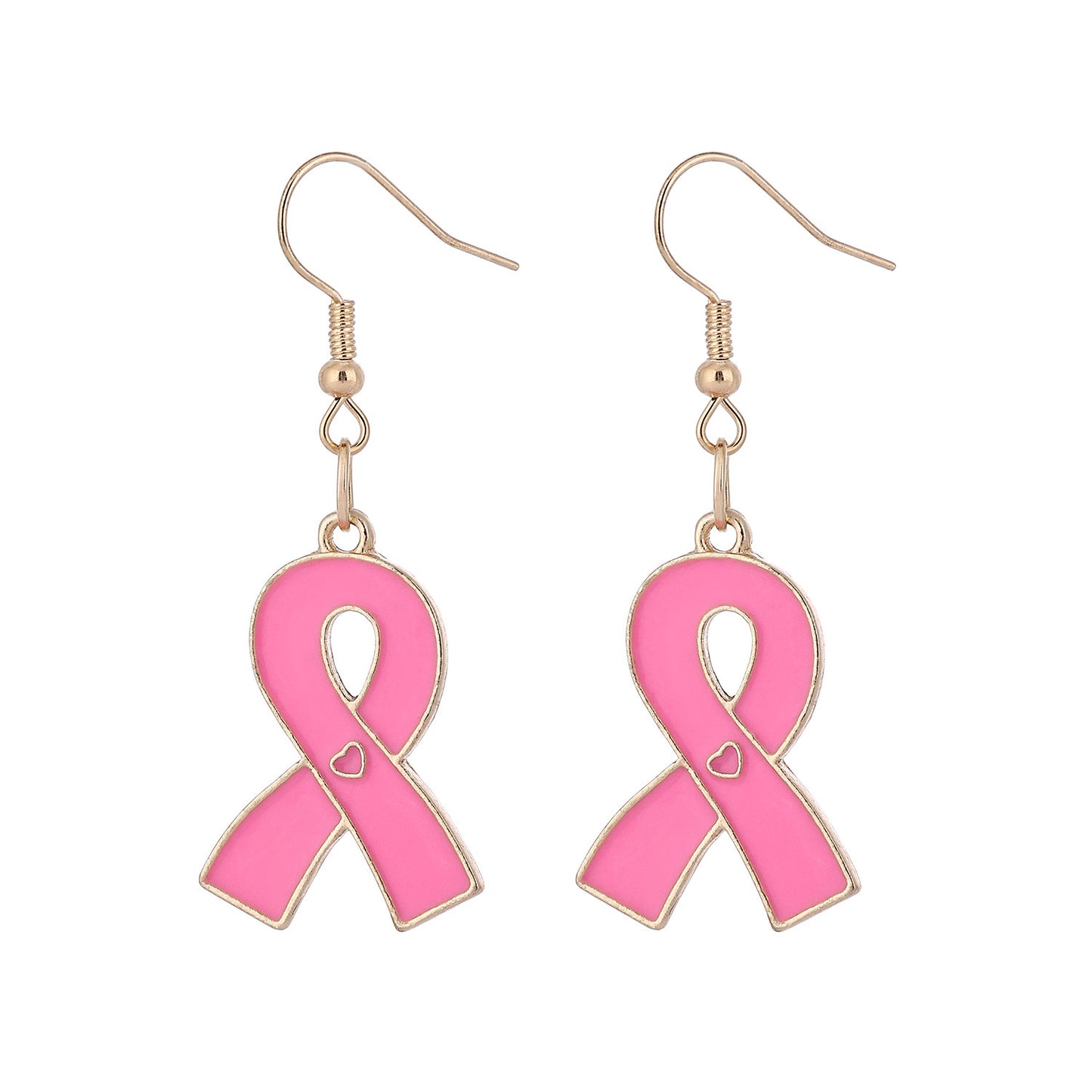 Pink Ribbon Awareness Drop Earrings – Gold Accented with Heart Detail