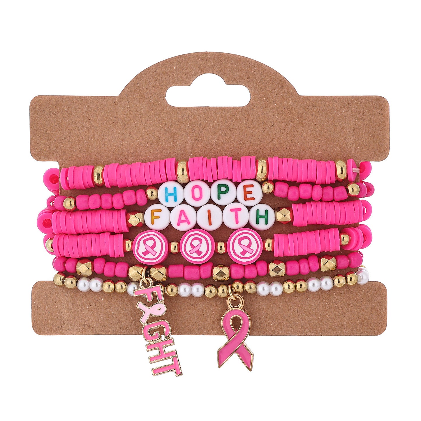 Pink Ribbon “Hope, Faith, Fight” Awareness Bracelet Set – 6-Piece Stackable Beaded Bracelets