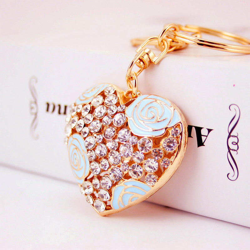 Rhinestone Rose Heart Keychain - Gold