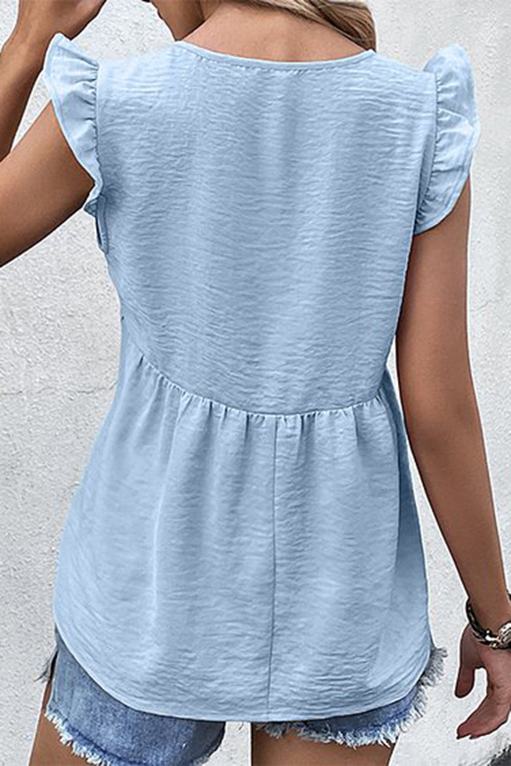 V-Neck Ruffle Sleeve Top - Blue