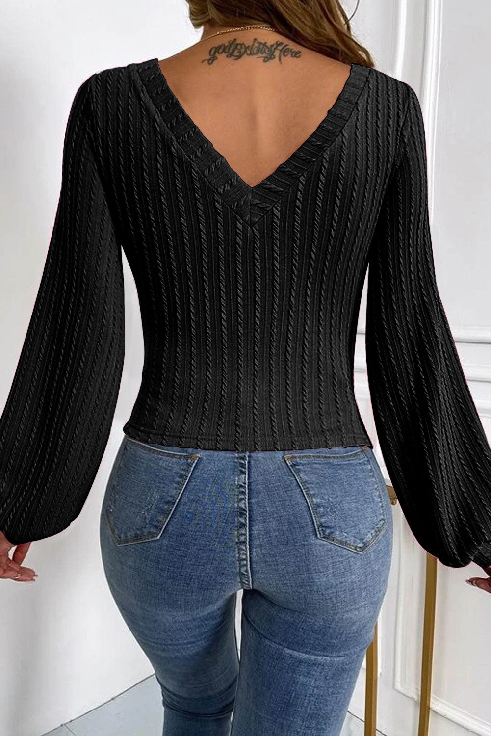 Black Ribbed V-Neck Knit Top with Balloon Sleeves