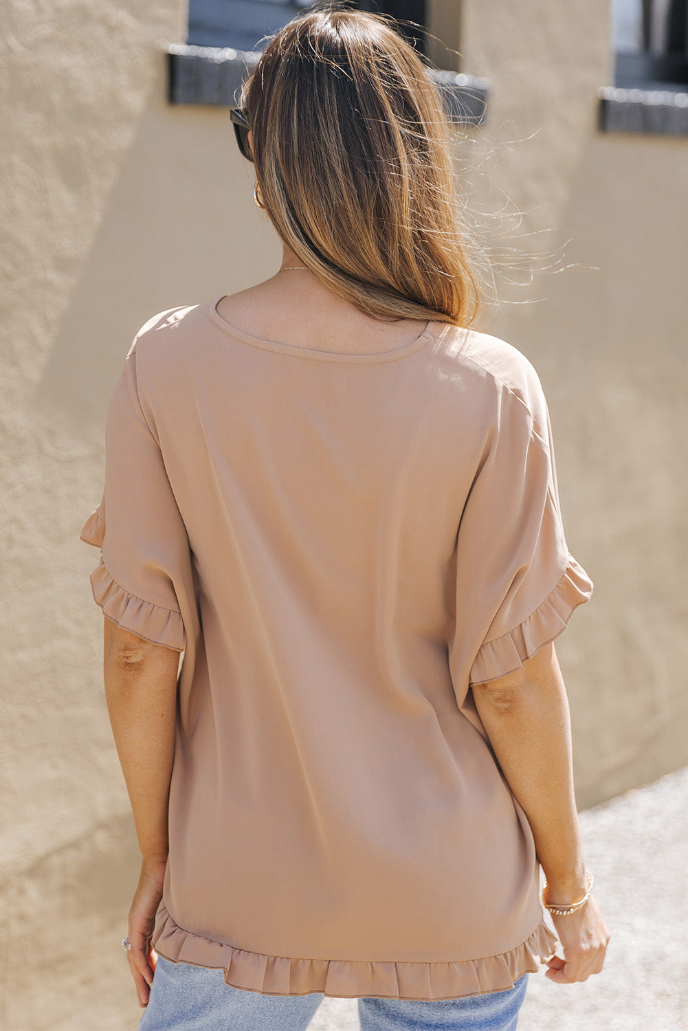 Ruffle Trim Short Sleeve Oversize Blouse - Khaki Beige