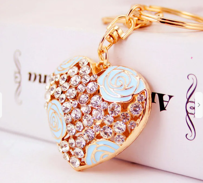 Roses & Rhinestone Heart Keychain - Blue