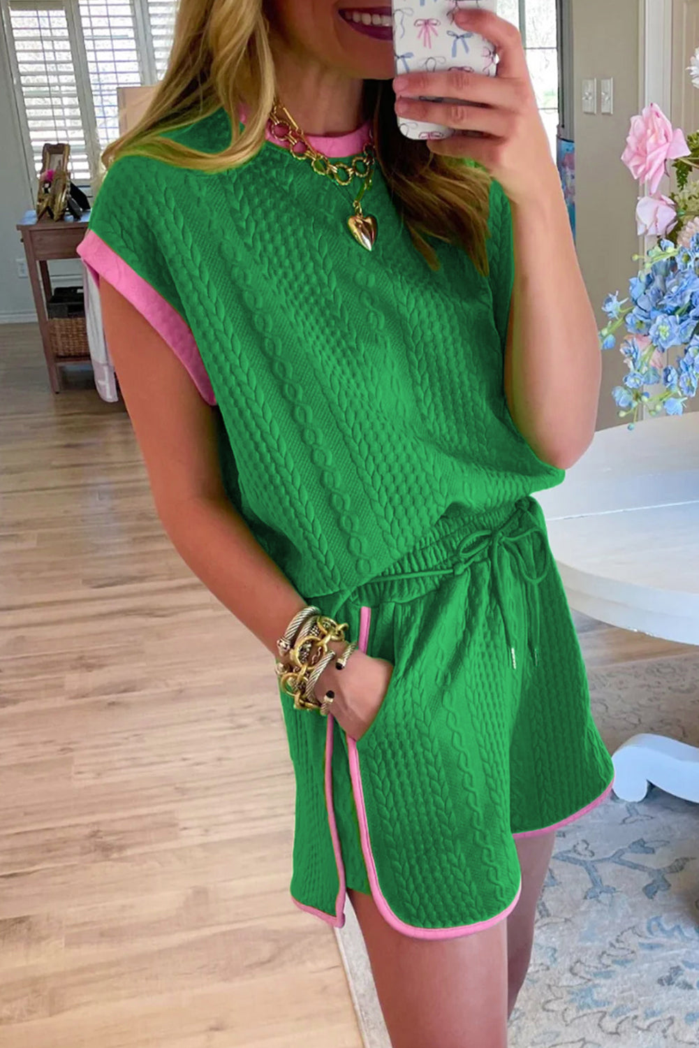 Two-Piece Cable Short Coordinate Set - Green/Pink