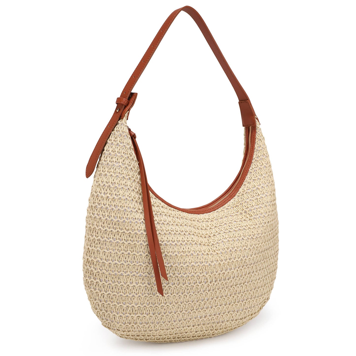 Woven Straw Hobo Shoulder Bag with Vegan Leather Strap – Natural Handbag