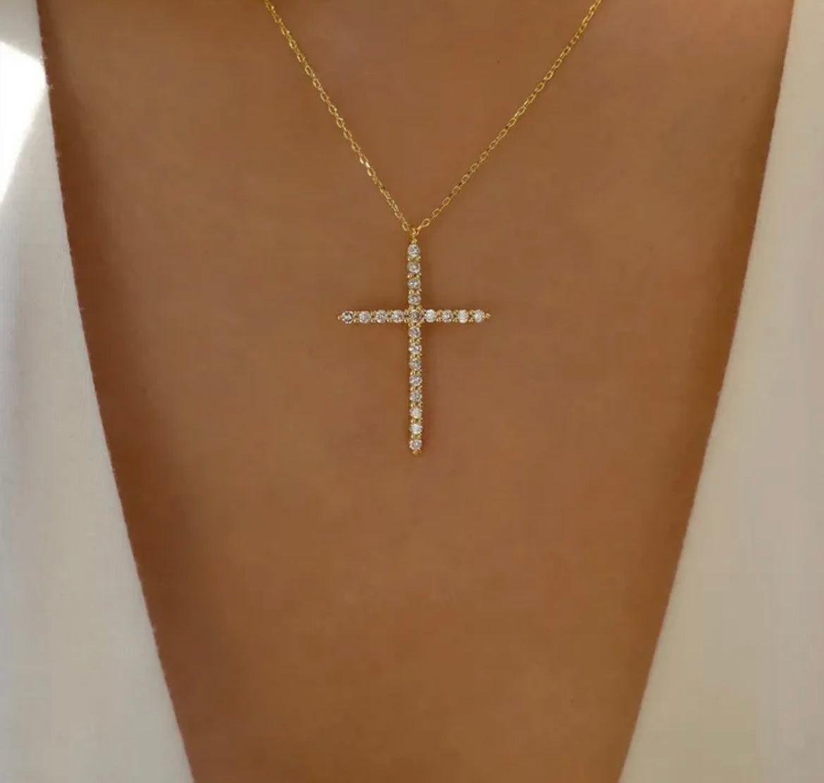 Rhinestone Cross Necklace - Gold