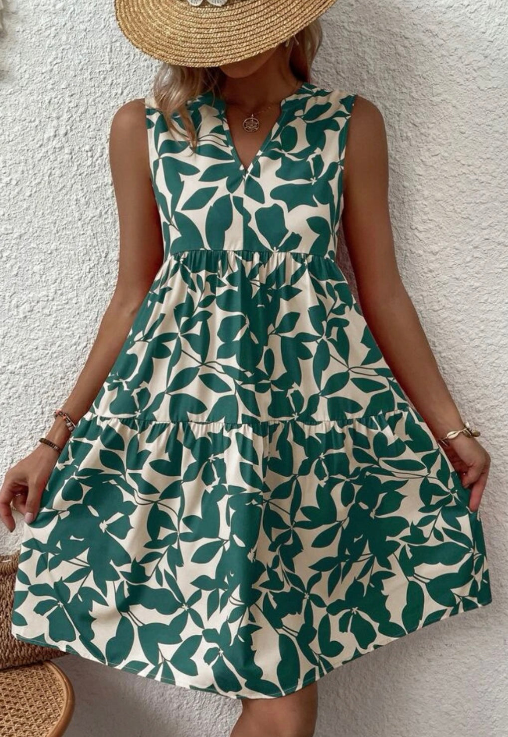 Floral V-Neck Print Dress - Green