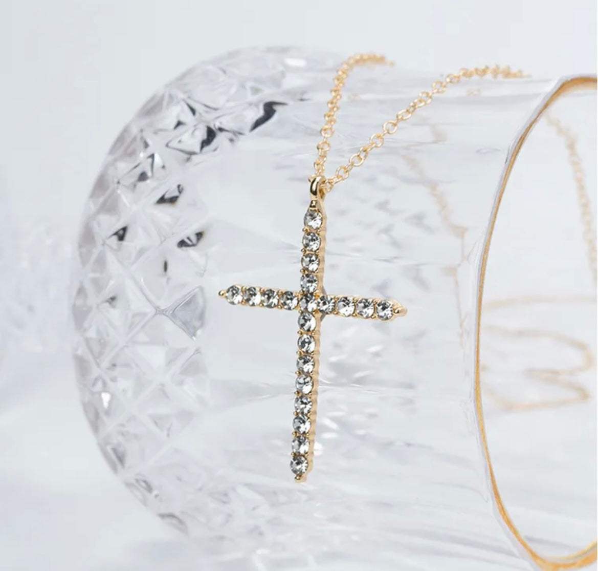 Rhinestone Cross Necklace - Gold