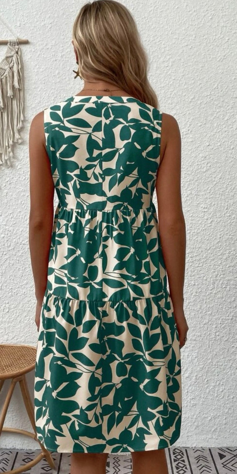 Floral V-Neck Print Dress - Green