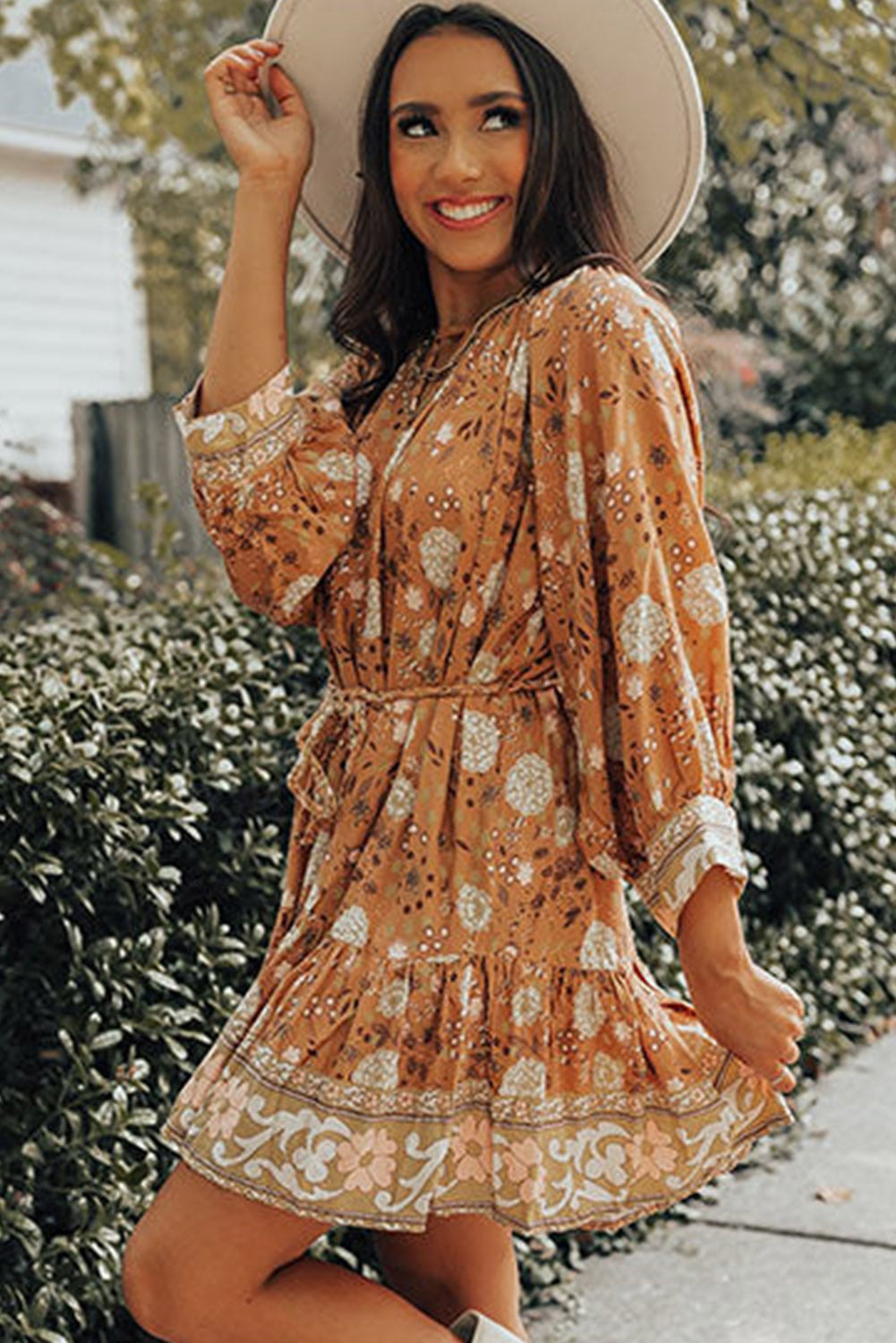 Boho Floral Dress - Brown