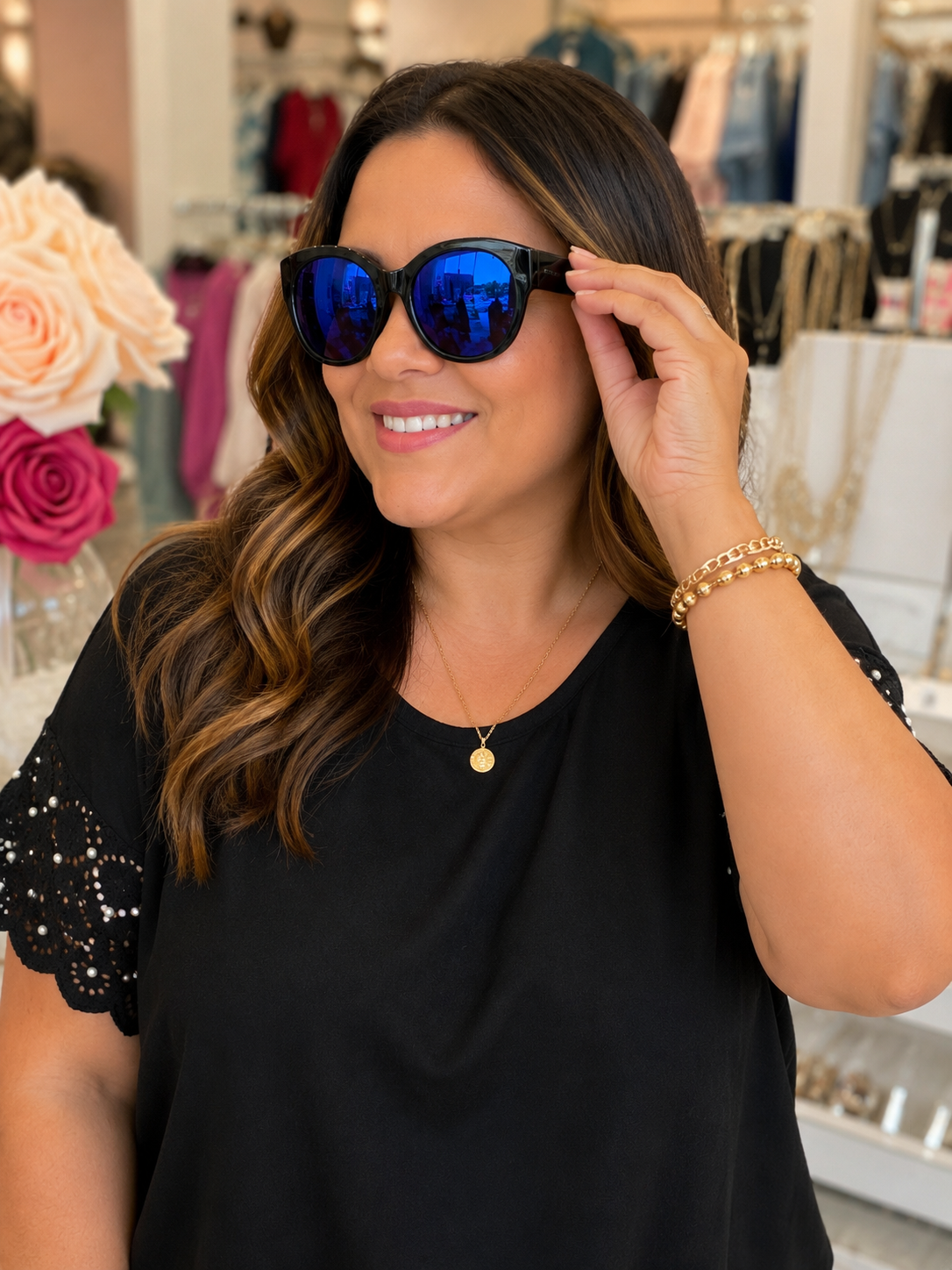 Women's Oversized Black Sunglasses with Blue Mirrored Lenses| Fashion UV Protection Shades