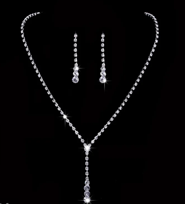 Teardrop Rhinestone Necklace Set- Clear White