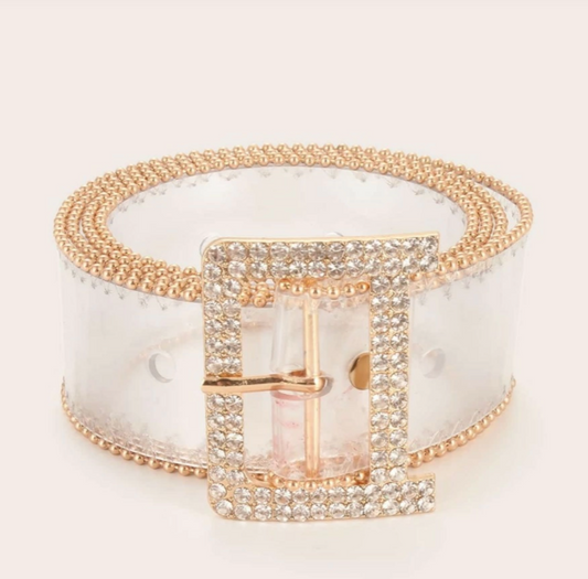 Transparent Rhinestone Buckle Belt - Gold