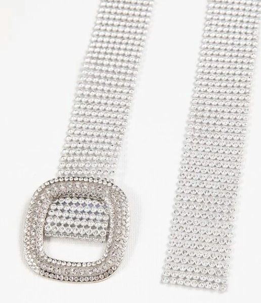Rhinestone Square Buckle Belt - Silver