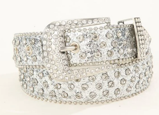 Jolly Roger Rhinestone Buckle Belt -Silver
