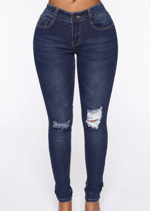 Distressed Mid Rise Jeans - Blue