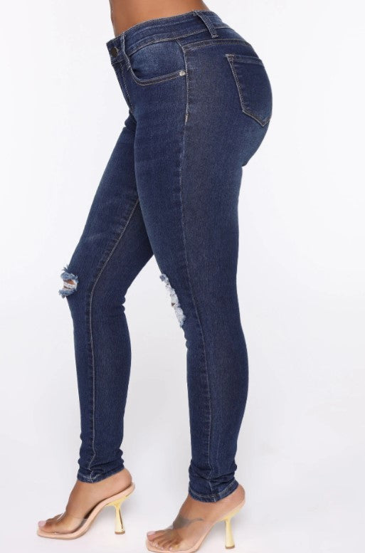 Distressed Mid Rise Jeans - Blue