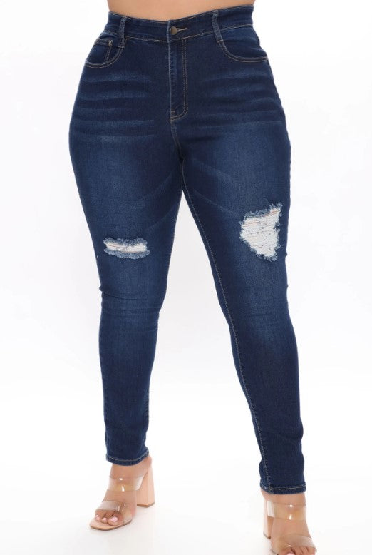 Distressed Mid Rise Jeans - Blue