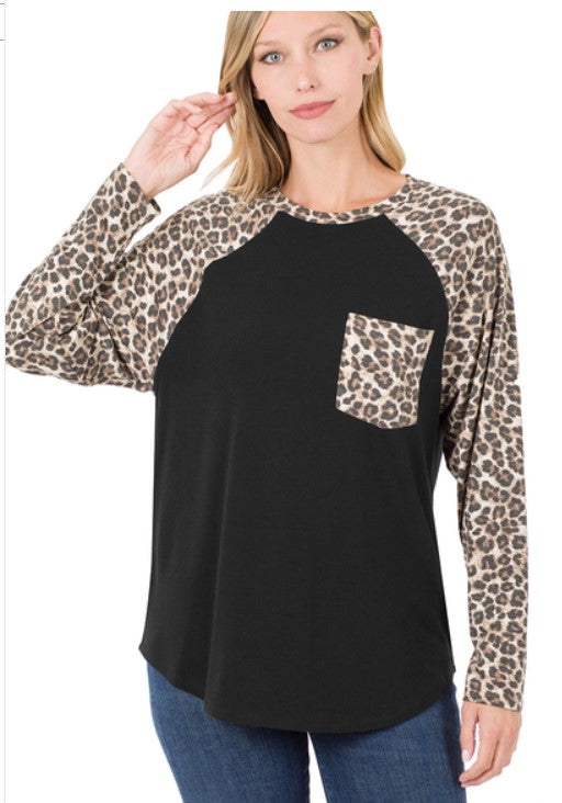 Raegan Leopard Print Pocketed Top - Black
