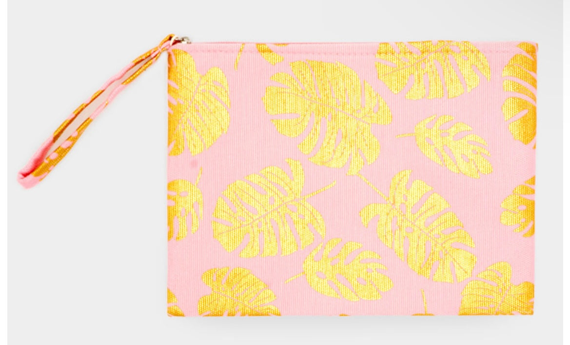 Metallic Tropical Leaf Clutch Bag - Pink