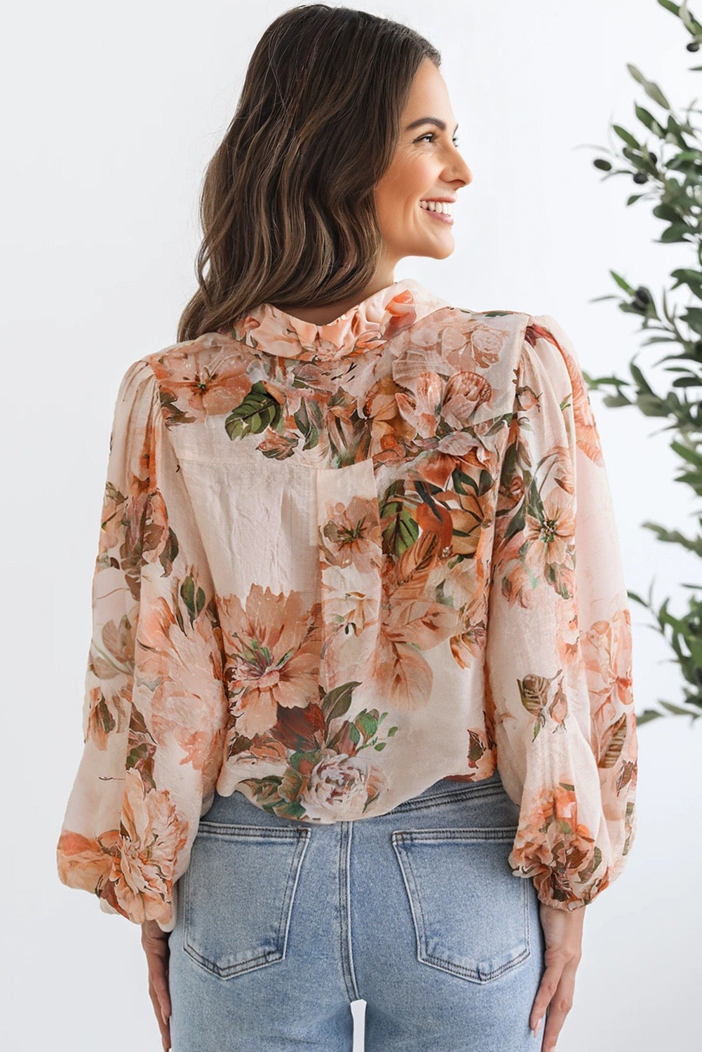 Autumn Floral Puff Button-Down Long Sleeve Blouse