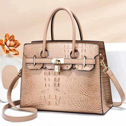 Croc Embossed Designer Inspired Structured Satchel Tote- Beige