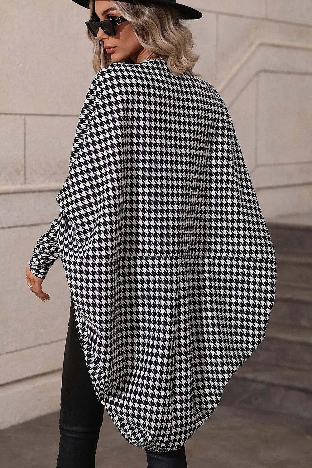 Oversized Houndstooth Open Front Blazer – Black & White Statement Cardigan Jacket