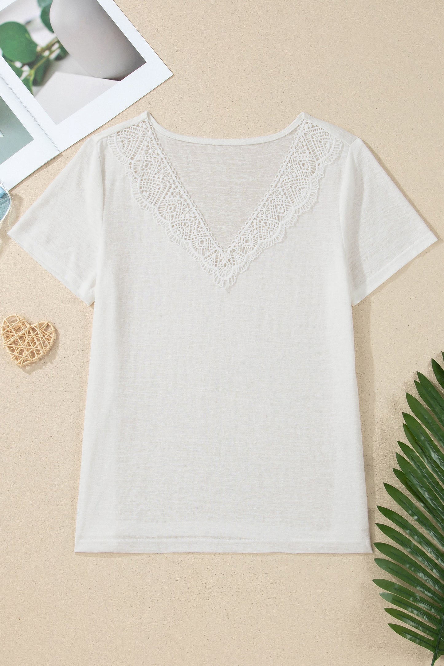 White Lace Trim V-Neck Short Sleeve Top for Women | Lightweight Casual Summer Blouse