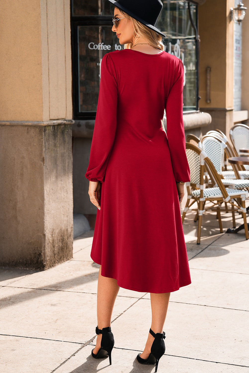 Elegant Cherry Red Ruched Midi Dress – Balloon Sleeve, Flattering Waist Detail
