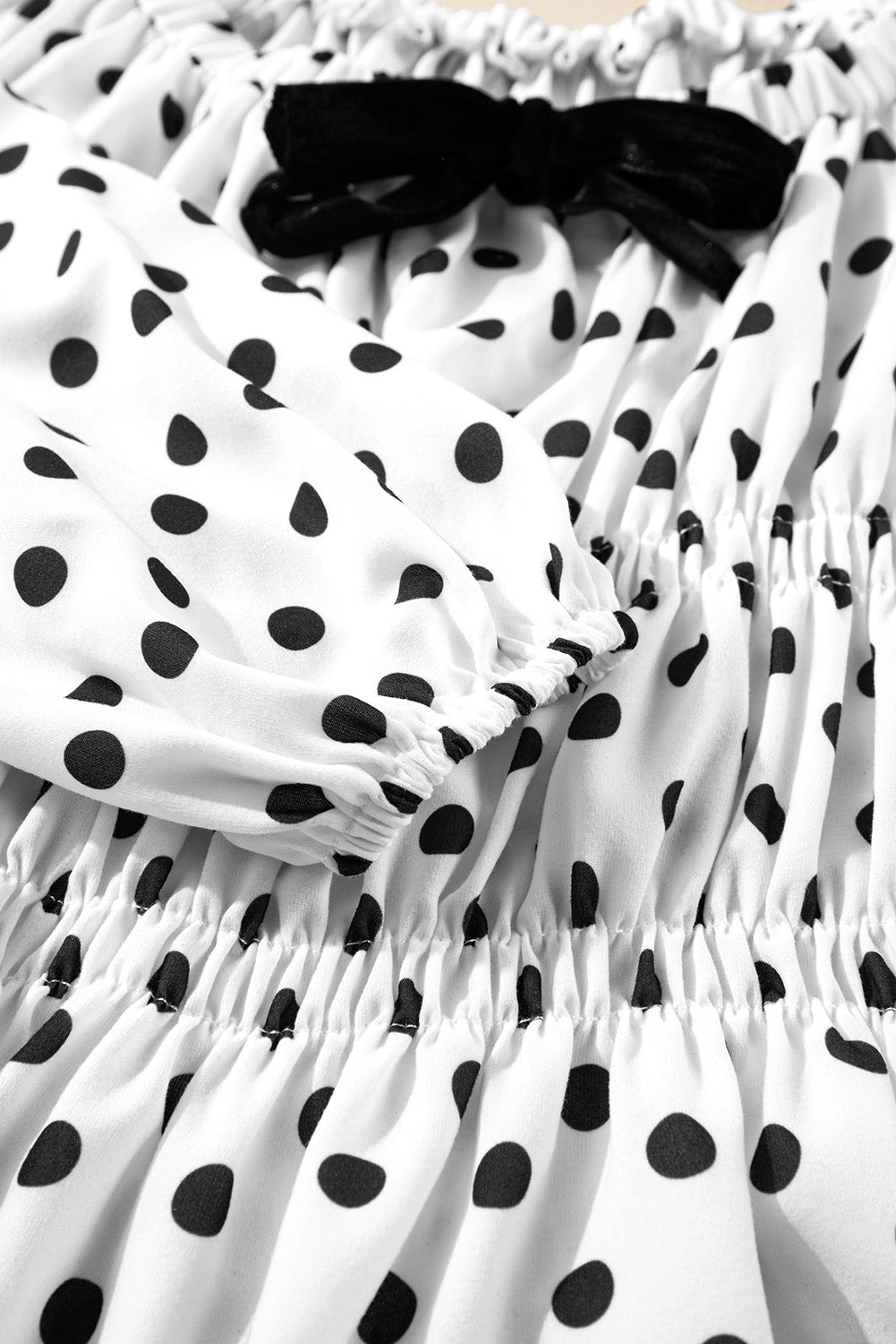 Women’s White Black Polka Dot Peplum Blouse with Puff Sleeves | Flattering Smocked Waist Dressy Casual Top