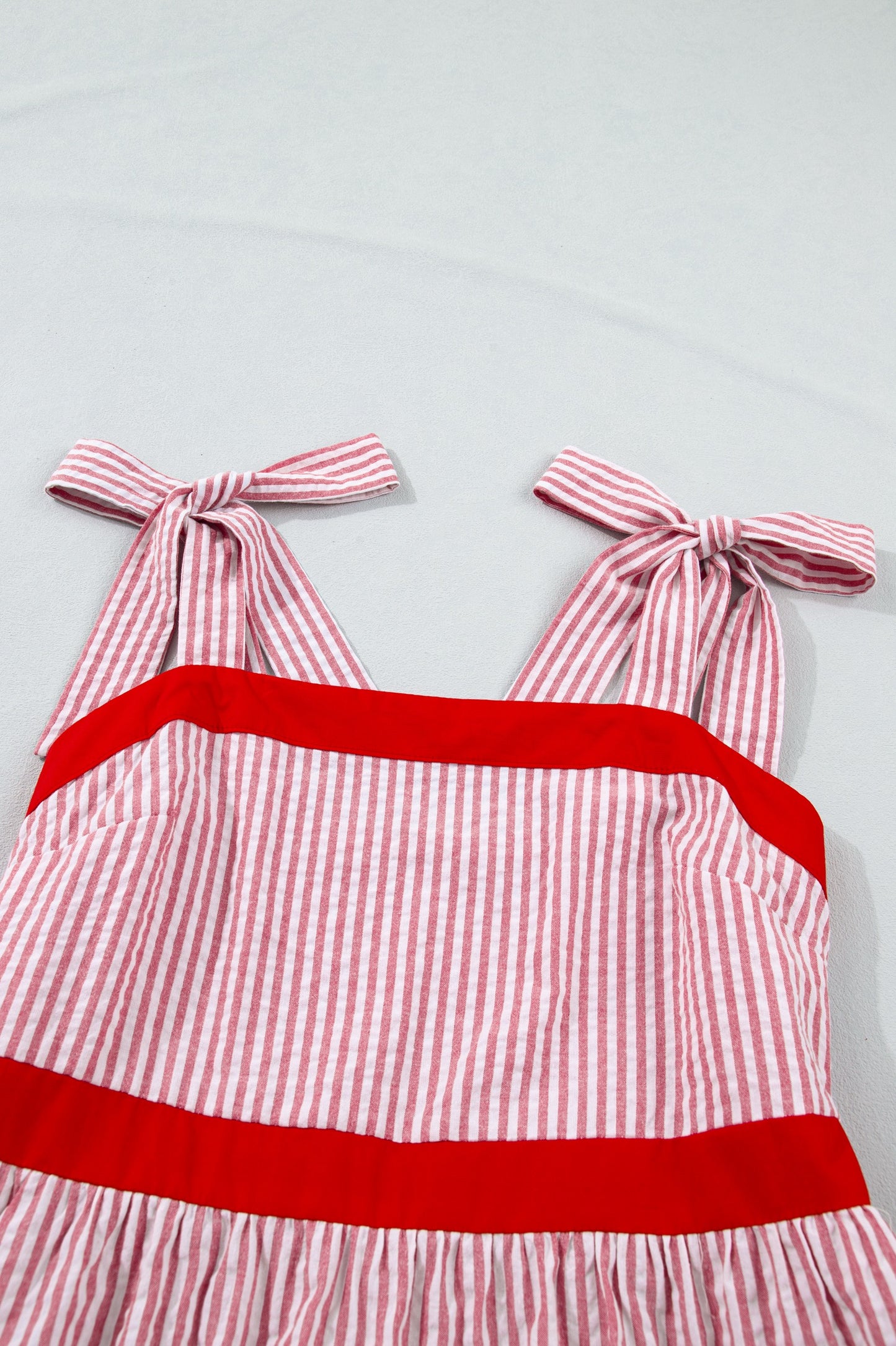 Sweet Americana Tie-Shoulder Striped Seersucker Red Maxi Dress with Pockets