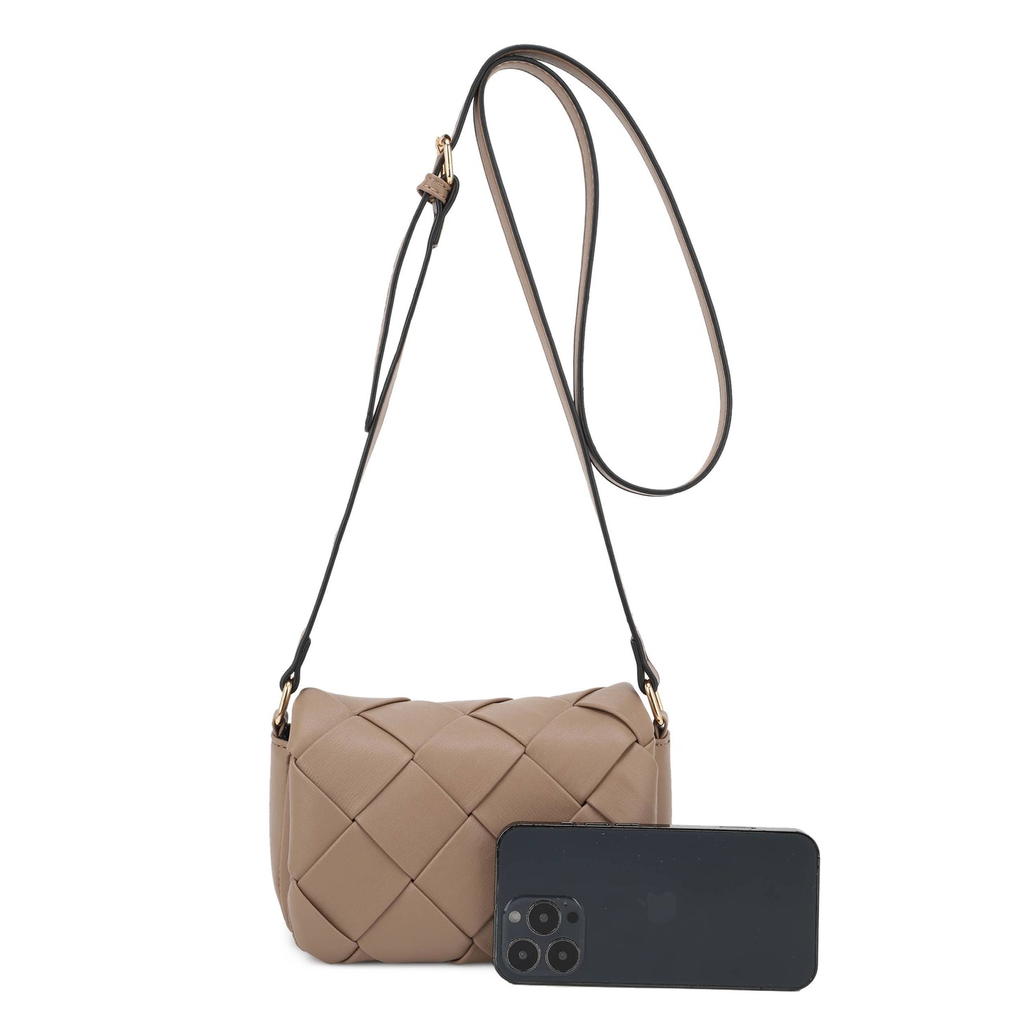 Emily Mini Trendy Woven Crossbody Bag for Women – Quilted Vegan Leather Shoulder Purse in Khaki