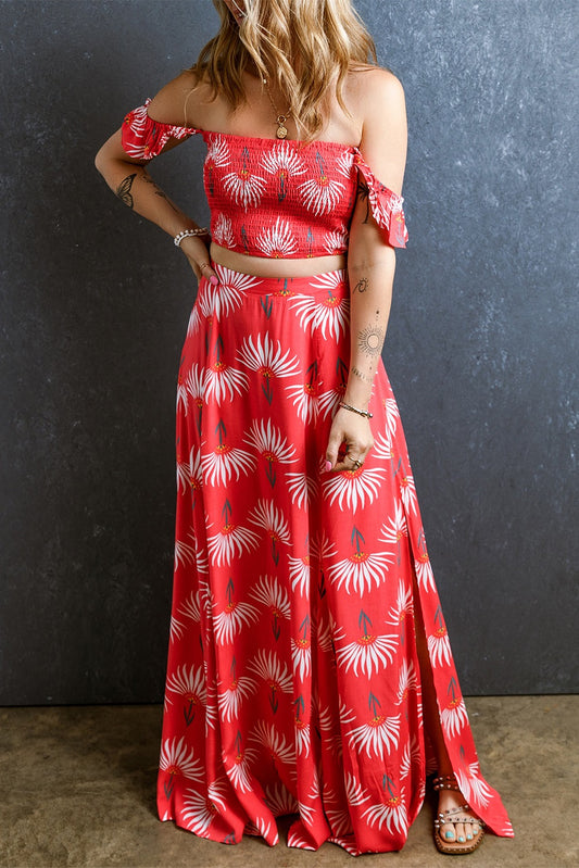 Women’s Tropical Floral Two-Piece Maxi Skirt Set | Off-Shoulder Boho Top & Skirt Vacation Outfit